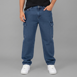 Custom Wholesale Men Cargo <b>Jeans</b> Baggy Wide Leg Denim Pants <b>Vintage</b> Washed Blue Streetwear Loose Cargo Pocket <b>Jeans</b> for Men - Product Image 2