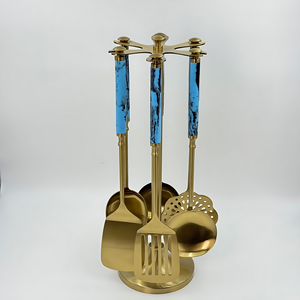 High Quality <b>Gold</b> Plated Set of 6 <b>Kitchen</b> Set Resin Handle with Stand Stainless Steel Easy to Clean Dishwasher Safe for <b>Kitchen</b> - Product Image 1