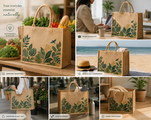 Sac fourre-tout en jute grande taille à motif floral avec poignée d'épaule, idéal pour la plage, les mariages, les expositions et les courses - Product Image 3
