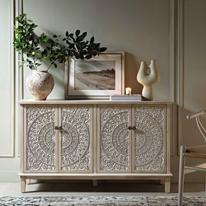 Aparador Tallado con 4 Puertas, Mueble de Almacenamiento con Acabado Desgastado, Consola Buffet para Comedor o Entrada - Product Image 1