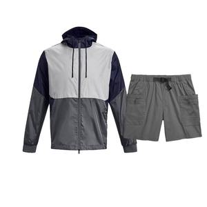 High Quality <b>Lightweight</b> Hooded Windbreaker Short Set Zipper Jacket Satin Jogger Shorts Unisex Winter Running Exercise Quick Dry - Product Image 1