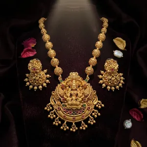 Femme Antique Déesse Lakshmi Pièce Collier Ensemble Temple Bijoux avec Boucles D'oreilles Plaqué Or Laiton pour Mariage - Product Image 1