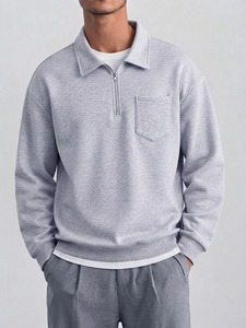 Sweat-shirt demi-zip pour homme, color block, col montant, coupe droite, en polaire polyester, avec poche, tricoté, décontracté, pour l'automne - Product Image 1