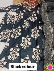 Black Floral Embroidered <b>Indian</b> Pakistani Rayon Recycled Materials Women's Set <b>Kurta</b> Dupatta Suit Casual Outfit - Product Image 4