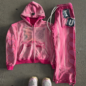Ensemble de survêtement streetwear personnalisé épais, délavé à l'acide, effet soleil, avec broderie et sérigraphie, idéal pour l'hiver - Product Image 1