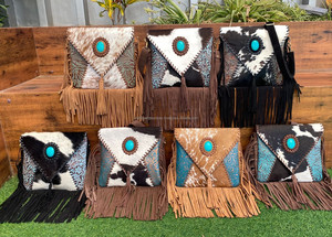 New Hair on Hide Fur Leather Fringe Handbag Cowhide Leather Hot Selling Crossbody Purse Stylish <b>Turquoise</b> Stone Sling Bag Gifts - Product Image 4