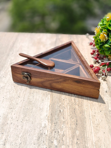 Handcrafted Wooden Triangle <b>Spice</b> <b>Box</b> With Glass Lid And Wooden Spoon Decorative Kitchen Masala Storage Organizer - Product Image 3
