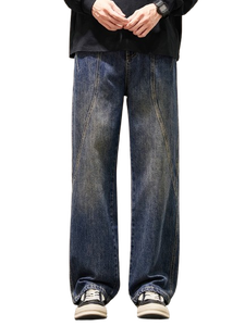 AAFII IMPEX <b>Mens</b> Loose Fit Wide Leg Washed Blue Jeans Casual Tinted Curved Seam Line Denim Pants Vintage Streetwear 100% Cotton - Product Image 1