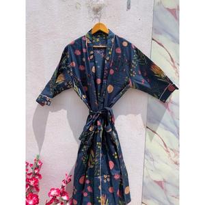 Bata Kimono de Algodón Azul Oscuro con Estampado Floral para Mujer, Ligera, Estilo Boho, para Descansar, Vestido de Salón, Túnica de Verano, Cubrebaño de Playa - Product Image 1