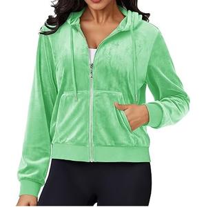 Sudadera con capucha de terciopelo para mujer con logo personalizado, cremallera, holgada, de color liso, para yoga, gimnasio y deportes, ideal para invierno. - Product Image 2