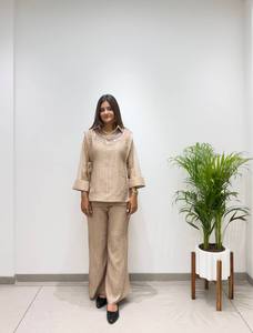 <b>Women's</b> Beige <b>Linen</b> Kurta <b>Set</b> With Embroidered Neck Loose Fit Ankle-Length Traditional Casual Wear India Pakistan Style - Product Image 1