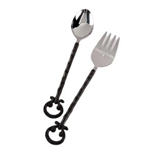 Embossed Design Golden Brass Handle Stainless Steel Salad <b>Server</b> for Home and Hotels Tabletop Silver Salad <b>Server</b> Sets - Product Image 3