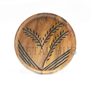 Round Charger <b>Plate</b> with Engraved Leaf Pattern Brown Wood Style Finish Decorative Table Base <b>Plate</b> for Dining Setup Use - Product Image 3