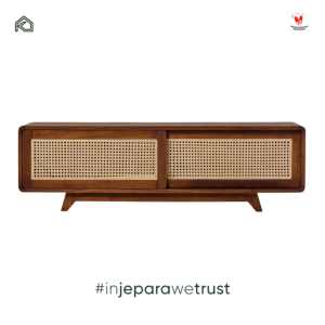 Meuble TV en bois de mahogany massif de style Japandi, console de divertissement moderne pour salon contemporain - Product Image 4