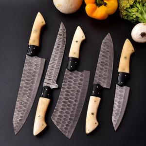 Hand Forged Five Piece Damascus Steel Chef <b>Knife</b> Set Bone Handles <b>Sharp</b> Straight Edge Custom <b>Kitchen</b> <b>Knife</b> Set with Bag - Product Image 2