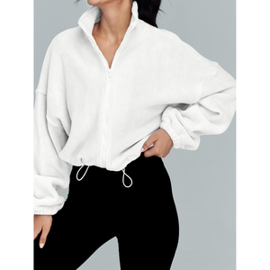 Nueva sudadera extragrande de forro polar blanco para mujer 2026 OEM ODM con media cremallera, cuello alto, hombros caídos, manga larga y corte cropped para otoño - Product Image 5