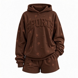 Ensemble sweat à capuche et short brodés de fleurs jaunes pour femme, coupe ample, tenue de sport décontractée deux pièces pour l'hiver - Product Image 4