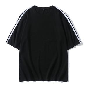 เสื้อยืดผ้าฝ้ายของผู้ชายเสื้อยืดลายทางสีพื้นไม่มีลายเปิดไหล่แบบลำลองฮิปฮอป100% - Product Image 6