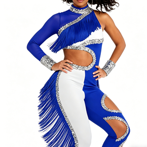 Uniforme de Animadoras con Flecos de Pedrería Azul y Logotipo Frontal para Mujeres y Niñas, Ropa de Baile de Alto Rendimiento en Spandex/Algodón - Product Image 5