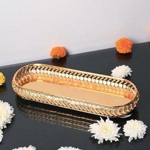 Modern Moroccan Gold Plated Oval <b>Storage</b> <b>Tray</b> With Cutout Design For Tableware Serving - Product Image 2