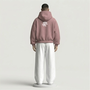 ชุดวอร์มเทคฟลีซแบบหนาพิเศษสำหรับผู้ชาย เสื้อฮู้ดดี้สีชมพูอมเทาขนาดโอเวอร์ไซส์ และกางเกงขายาวสีขาวทรงกระบอก ชุด 2 ชิ้น - Product Image 2