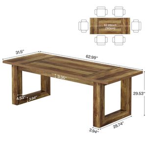 Tavolo da Pranzo Rettangolare con Base Quadrata in Legno Robusto per Cucina, Tavolo da Pranzo Durevole con Base Quadrata - Product Image 6