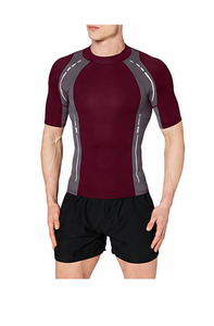 <b>Men's</b> Blue Short Sleeve Neoprene Rash Guard Gray Red Color Block Design Quick Dry Breathable <b>Compression</b> Sublimation Printed Top - Product Image 2