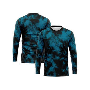 Camiseta de Manga Larga para Hombre, Cuello Redondo, Azul y Negro, Diseño Tie Dye, Tejido Transpirable, Satinado, Casual, Corte Ajustado, Largo Regular - Product Image 1