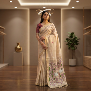 Sari en coton avec broderies florales et animalières Meenakari, tenue traditionnelle indienne pour femmes, style mariage - Product Image 4