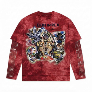 Camiseta Gráfica Extra Grande para Hombre, Color Borgoña, Lavado Ácido, con Pedrería, Manga Larga, Estilo Y2K, 100% Algodón Ecológico - Product Image 1