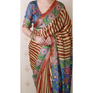 ผ้าไหมทัสซาร์สีน้ำตาลลายทาง ยี่ห้ออีลิท วีฟส์ น้ำหนัก 450 กรัม สำหรับงานปาร์ตี้ ลายพิมพ์ด้วยด้ายซารี ทอแบบอินเดียและปากีสถาน - Product Image 5