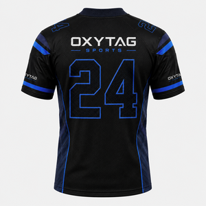 Maillot de football américain Oxytag Sports pour homme, noir et bleu, col en V, manches courtes, tissu respirant, taille L, prix de gros - Product Image 4