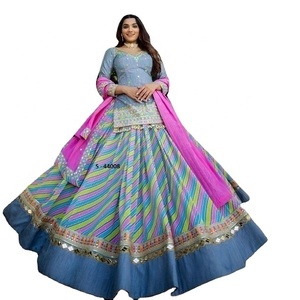 Nuevo diseñador Fancy Digital impreso bordado Lehenga Choli Dupatta Set Indian Export Rayon Modal Hand Mirror Work Acetato - Product Image 1