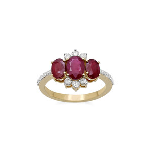 Bague en or jaune 14 carats avec rubis et diamants pour femme |   Bague de fiançailles ovale à trois pierres en rubis, bijoux fins, cadeau - Product Image 1