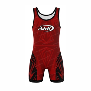 ชุดมวยปล้ำ AMI สีแดงดำ พิมพ์ลายแบบ Sublimation ระบายเหงื่อได้ดี แห้งเร็ว สำหรับผู้ชาย ชุดกีฬาสำหรับผู้ใหญ่ - Product Image 1