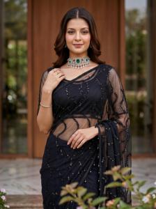 Sari indien traditionnel ethnique de créateur pour mariage, avec broderie en résille lourde et travail de sequins, pour femme, coupe tendance - Product Image 6