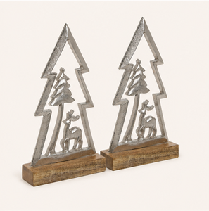 Handmade Premium Silver Metal Christmas <b>Tree</b> Sculpture with Reindeer On Natural Mango Wood Base For Modern Home And <b>Tabletop</b> - Product Image 1