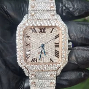 Reloj Cuadrado de Lujo en Oro Rosa de Dos Tonos con Incrustaciones de Diamantes Moissanite VVS, Esfera Completamente Pavimentada, Números Romanos, Brazalete de Acero - Product Image 1