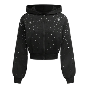 Sweat-shirt à capuche court noir personnalisé avec imprimé à pois en strass, coupe classique, unisexe, pour l'automne - Product Image 1