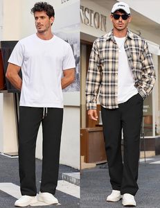 Men's <b>Black</b> Casual <b>Pants</b> Straight Fit Elastic Waist Drawstring Closure Side Pockets Breathable Polyester Cotton Blend Autumn - Product Image 4