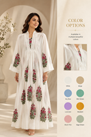Kaftan Bohème Long Blanc en Coton Imprimé à la Main pour Femme, Col en V, Manches Longues, Motif Floral, Simple, Formel, Écologique, Vente en Gros