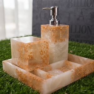 Resin <b>Bathroom</b> Accessories <b>Set</b> Gold Foil Four Piece <b>Soap</b> <b>Dispenser</b> Toothbrush Holder Tray Easy Clean for <b>Bathroom</b> - Product Image 2