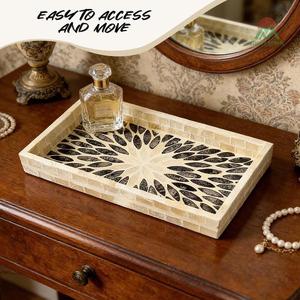 Plateau rond en rotin avec incrustation de nacre, plateau de service décoratif en osier avec base en bois, plateaux paniers tissés - Product Image 3