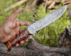 Couteau de chasse Bowie en acier Damas fait main sur mesure OEM, lame fixe avec manche en cuir, couteau de camping et d'extérieur EDC avec étui en cuir - Product Image 4