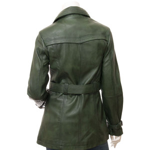 <b>Women's</b> Green Genuine Leather <b>Double</b> <b>Breasted</b> <b>Coat</b> With Belt Turn-down Collar Full Sleeve Wholesale Supplier - Product Image 2