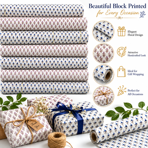 Papel de Regalo Ecológico con Estampado de Bloques, Diseño Floral Tradicional, Papel Decorativo para Envolver y Manualidades - Product Image 6