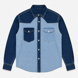 Camisa de Mezclilla Bicolor para Hombre, con Paneles en Contraste, Manga Larga, Estilo Casual Urbano, 100% Algodón, Ecológica, Antiarrugas, Personalizable - Product Image 2