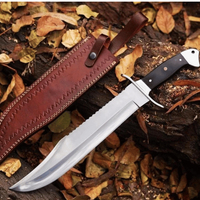 Outdoor Bowie-mes van superieure kwaliteit, handgesmeed Damascus staal, Rambo Bowie-mes, messing beschermkap, houten & hoornen handvat, leren schede