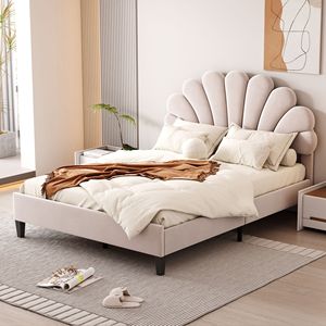 Letto matrimoniale imbottito con elegante testiera in velluto con motivo floreale in colore beige - Product Image 2
