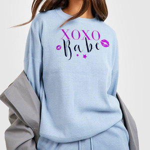 Ensemble de jogging décontracté pour femme, bleu clair, imprimé XOXO Babe, manches longues, col rond, avec poches latérales et cordon de serrage - Product Image 3